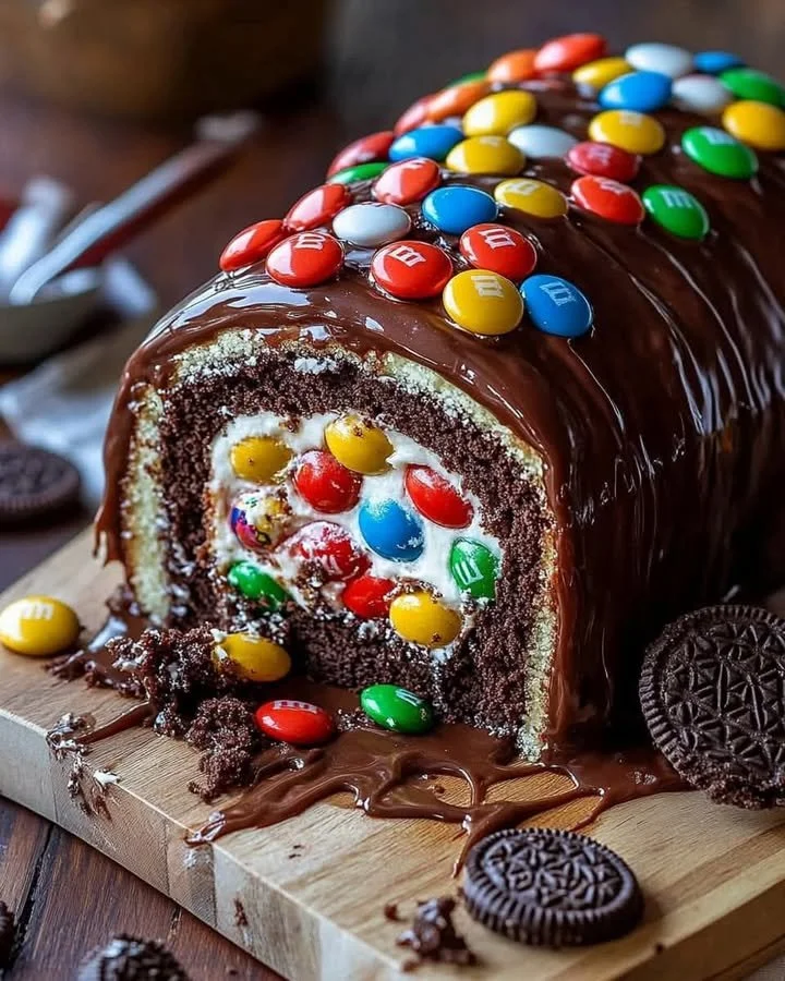 M&M's Ferrero Oreo Cake Roll, a delicious dessert with Oreo flavors and M&M's