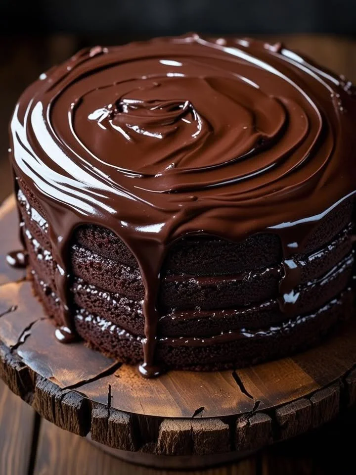 Moist chocolate cake topped with rich dark chocolate frosting