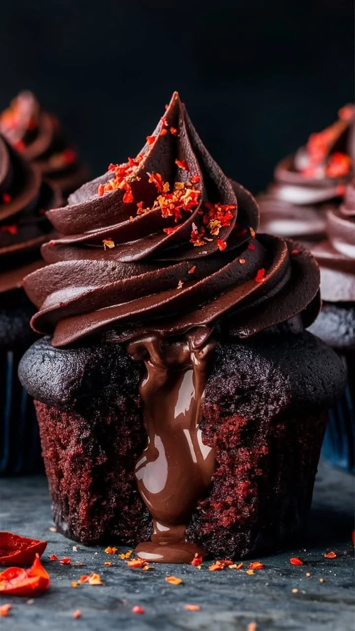 Molten chocolate lava cupcakes with chili on a plate, ready to serve.