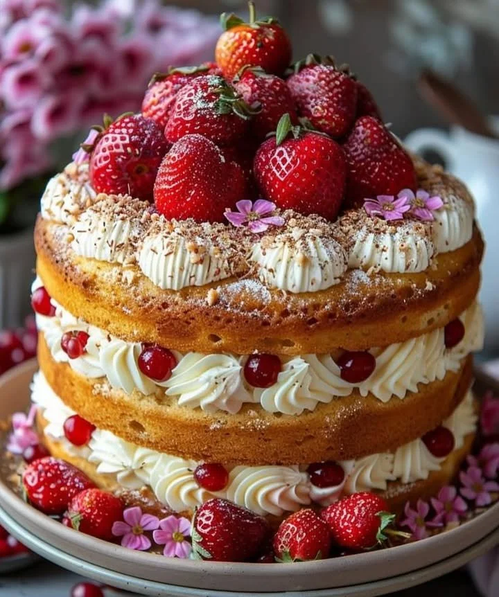 Naked strawberry layer cake topped with whipped cream and fresh strawberries