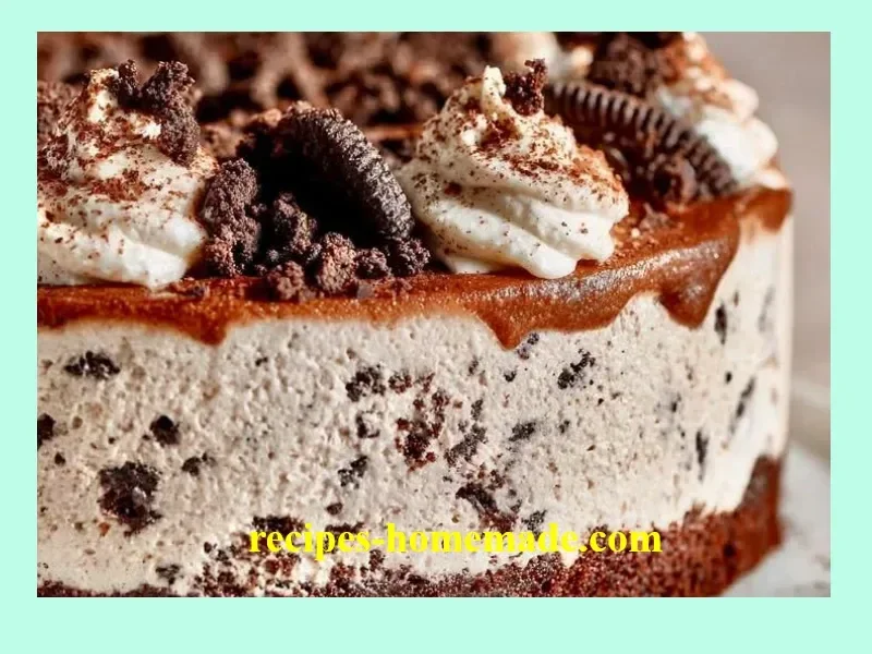 No-Bake Cookies & Cream Mousse Cake topped with chocolate shavings
