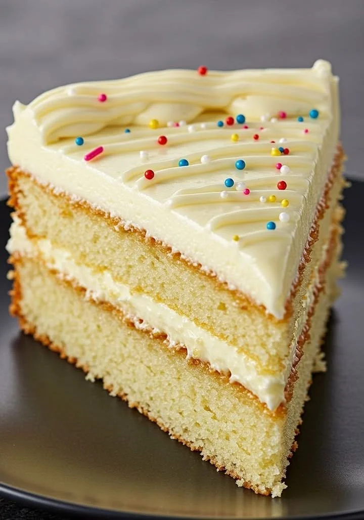 Oil-based vanilla cake on a decorative plate with frosting and sprinkles.