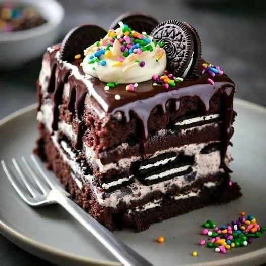 Oreo chocolate cake with colorful sprinkles on top