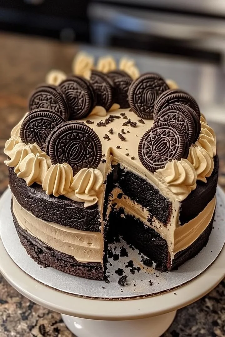 Oreo chocolate layer cake with cream filling, garnished with Oreo cookies.