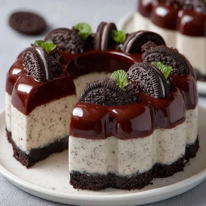 Oreo no-bake cheesecake topped with chocolate ganache on a white plate