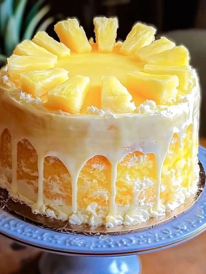 Delicious Pineapple Juice Cake on a plate with a slice cut out