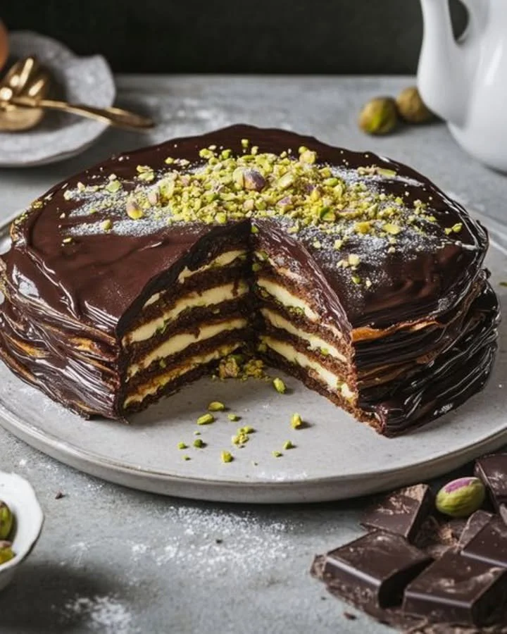 Delicious Pistachio Chocolate Crepe Cake with layers of cream and chocolate