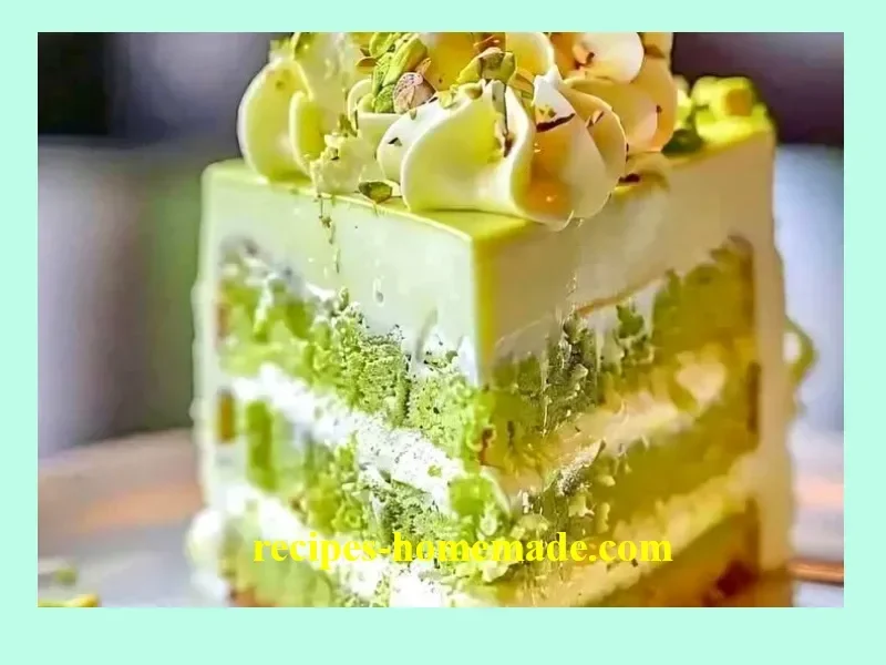 Sliced Pistachio Cream Cake with pistachio garnish served on a plate.