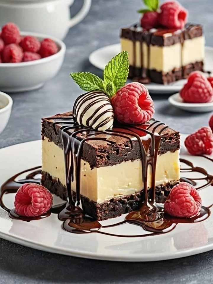 Delicious Raspberry Brownie Cheesecake Bar topped with fresh raspberries