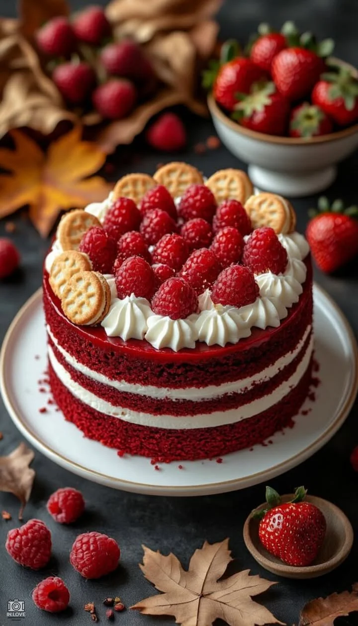 Delicious Red Velvet Raspberry Cake topped with fresh raspberries