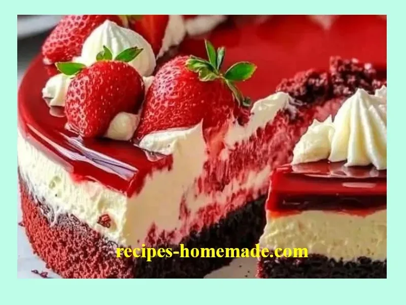 Slice of Red Velvet Strawberry Cheesecake topped with fresh strawberries