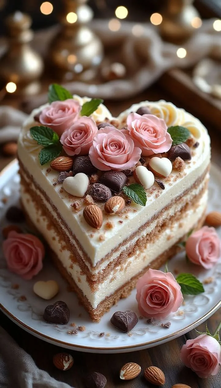 Romantic heart-shaped almond and chocolate cake decorated for special occasions