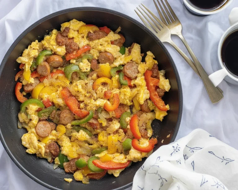 Delicious low carb keto breakfast scramble with eggs, meats, and veggies