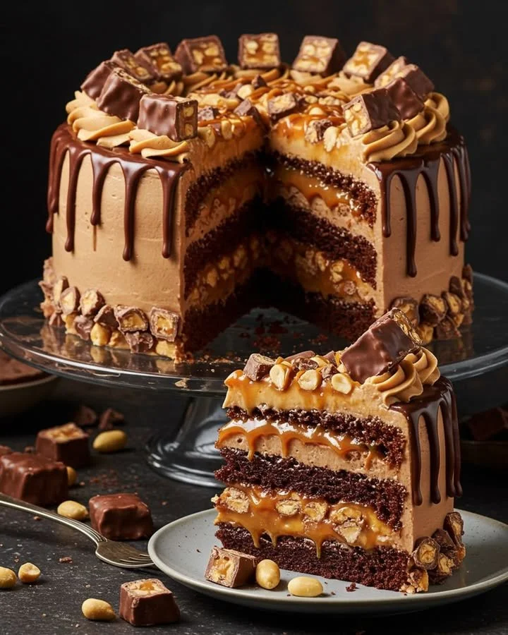 Delicious Snickers Layer Cake topped with chocolate and caramel layers