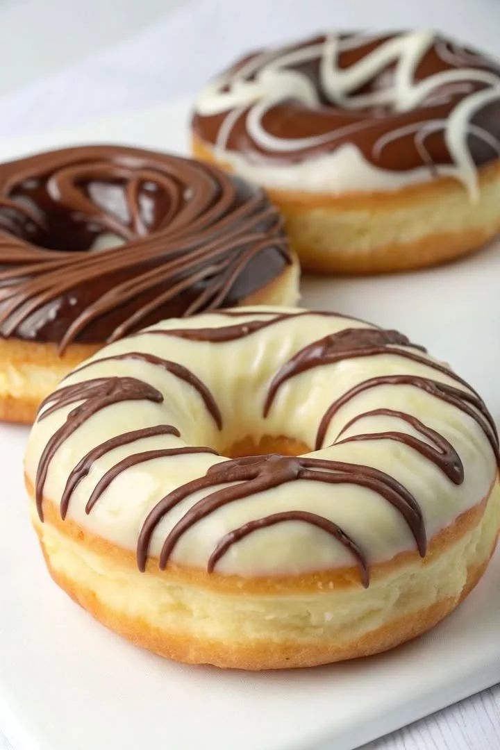 Soft doughnuts topped with a smooth chocolate glaze, perfect for dessert.