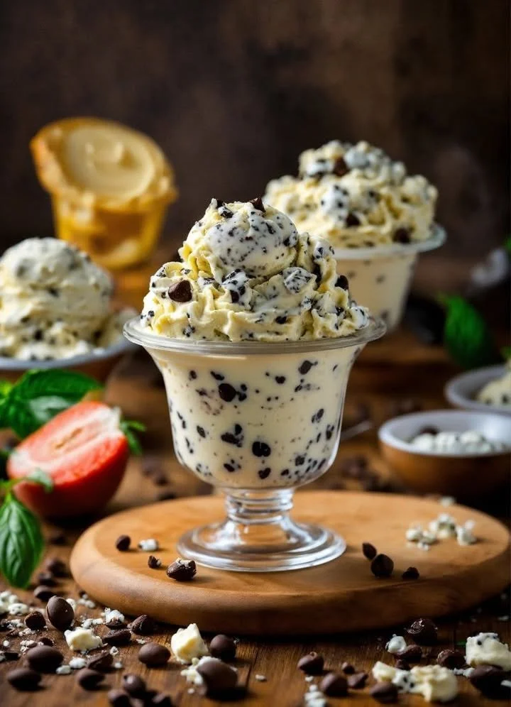 Homemade Stracciatella Gelato with chocolate chips served in a bowl.