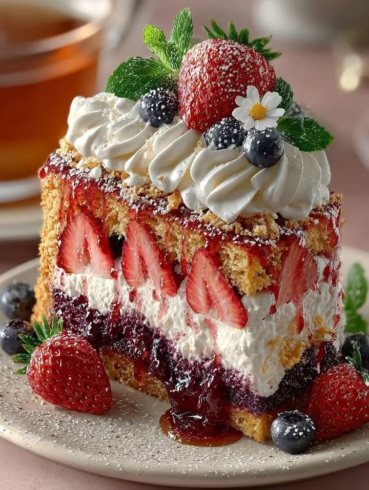 Strawberry and Blueberry Layer Cake with fresh fruits and frosting