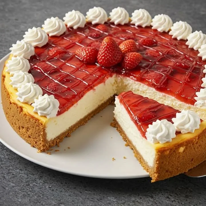 Delicious homemade strawberry cheesecake topped with fresh strawberries