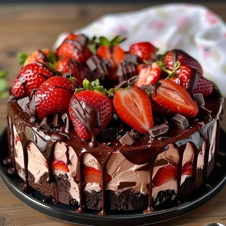 Delicious Strawberry Chocolate Mousse Cake topped with fresh strawberries and chocolate ganache.