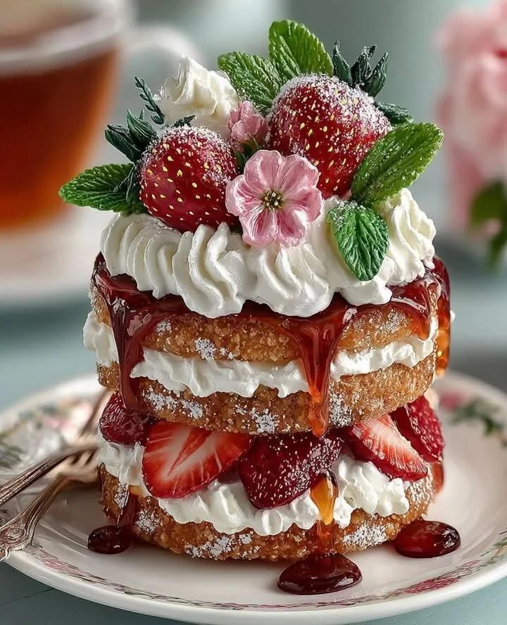 Delicious strawberry shortcake with fresh strawberries and whipped cream