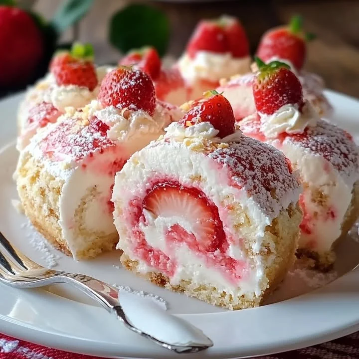 Delicious strawberry shortcake cheesecake rolls topped with fresh strawberries