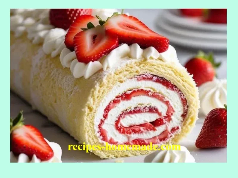 Delicious homemade strawberry swiss roll dessert on a plate