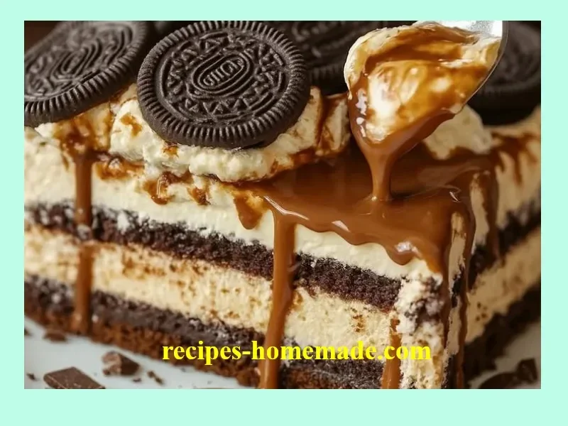 Delicious slice of Summer Caramel Oreo Cheesecake topped with caramel drizzle