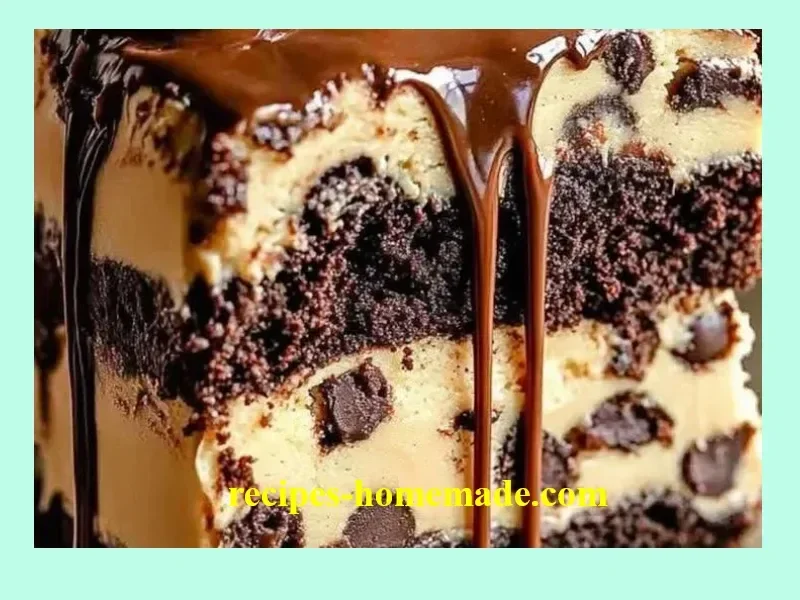 Delicious Summer Cookie Dough Brownie Cake with layers of brownie and cookie dough.