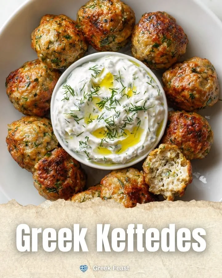Delicious Greek meatballs served with a side of tzatziki sauce and fresh herbs.