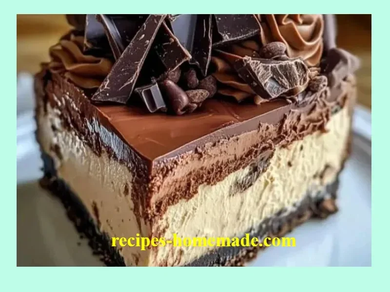 Triple Chocolate Cheesecake topped with cocoa and chocolate shavings