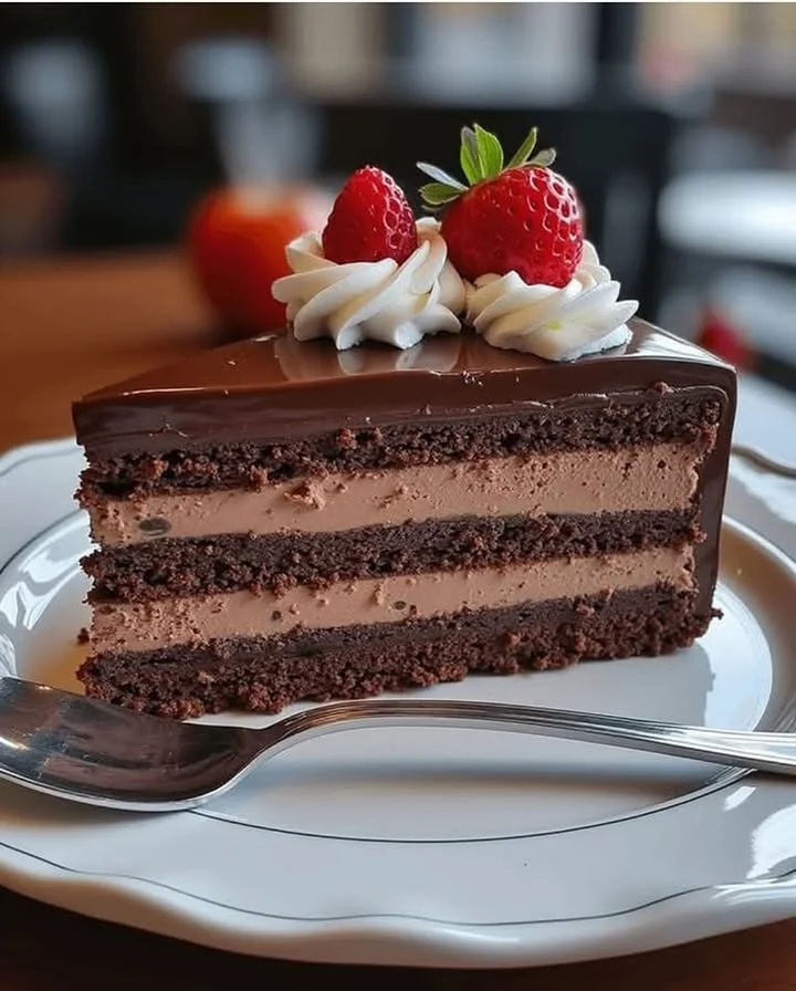 Decadent triple chocolate mousse cake topped with rich chocolate ganache.