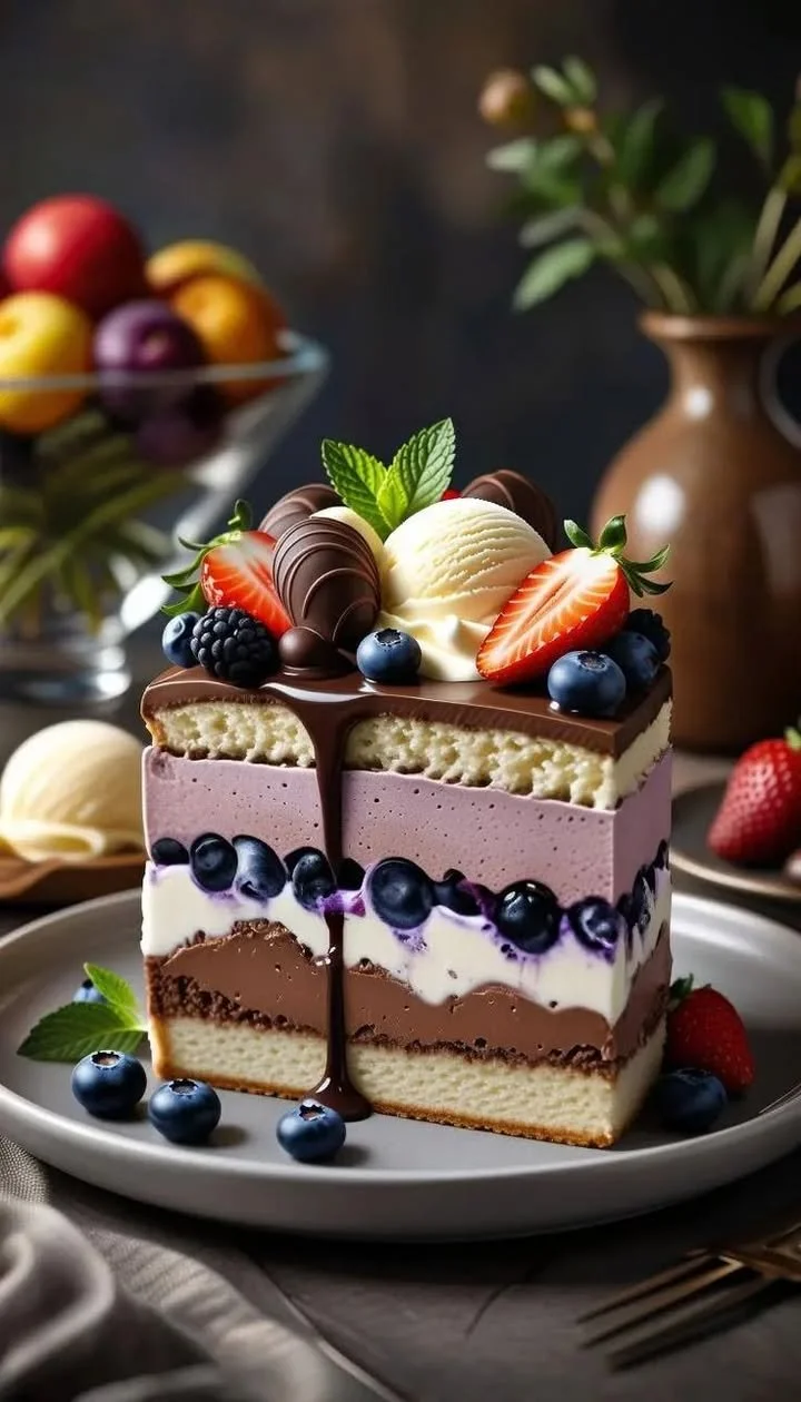 Triple Layer Mousse and Berry Cake with luscious layers of mousse and fresh berries.