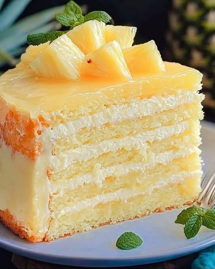 Delicious Tropical Pineapple Bliss Cake with fresh pineapple topping
