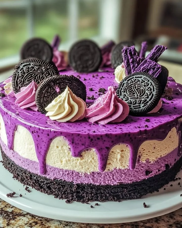 Ube Oreo Cheesecake slice with vibrant purple ube and Oreo crust