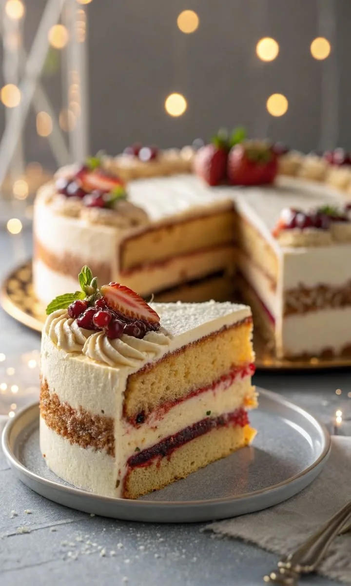 Slice of Vanilla Berry Layer Cake with fresh berries on top