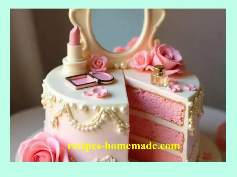 Elegant vintage vanity cake with intricate decorations and pastel colors.