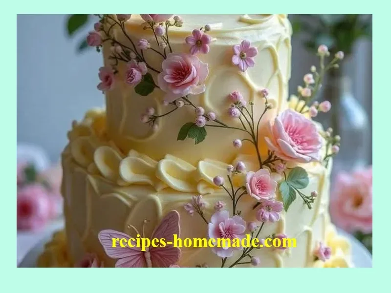 Whimsical butterfly blossom cake adorned with colorful butterflies and flowers