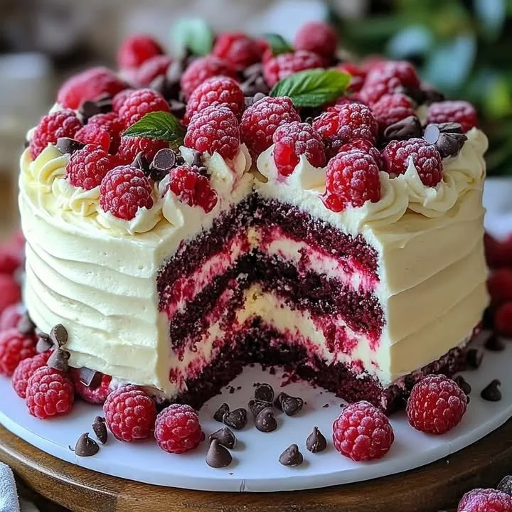 White Chocolate Raspberry Cake topped with fresh raspberries and white chocolate shavings