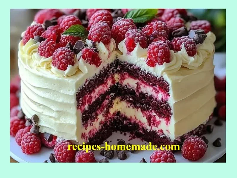Slice of White Chocolate Raspberry Dream Cake with fresh raspberries on top.