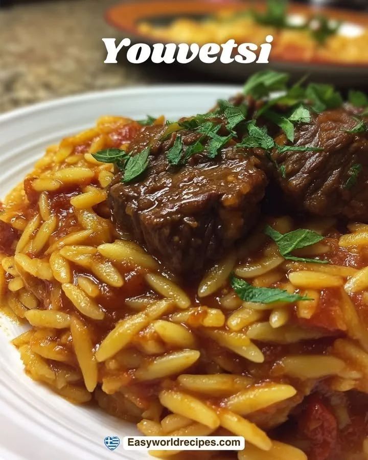 Delicious Youvetsi dish with tender meat and orzo served in a rustic bowl