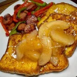 Delicious apple pie French toast topped with caramel and cinnamon