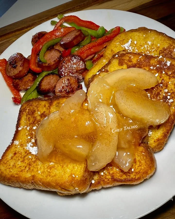 Delicious apple pie French toast topped with caramel and cinnamon