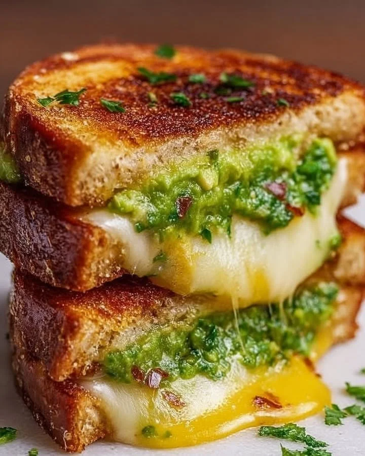 Delicious avocado grilled cheese sandwich with melted cheese and crispy bread
