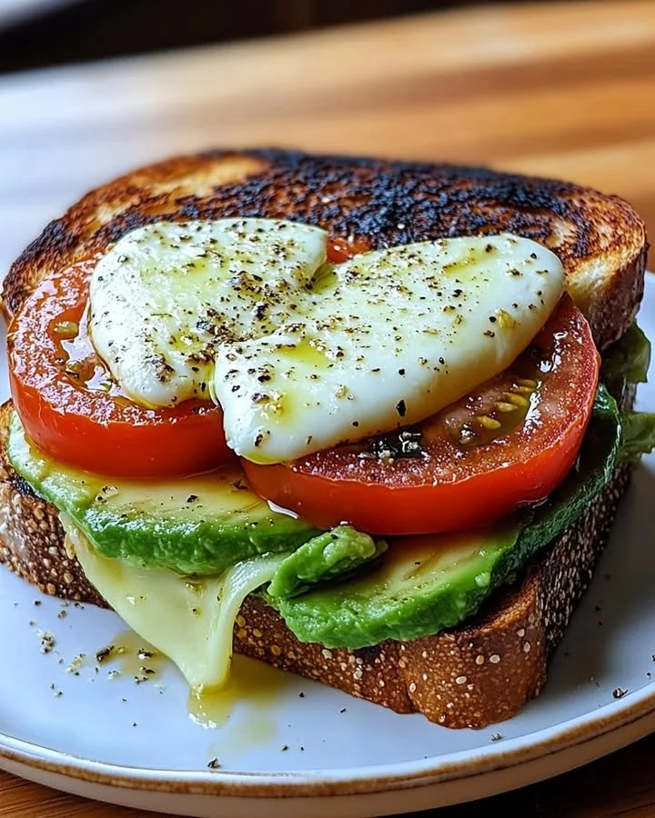 Avocado, mozzarella, and tomato grilled cheese sandwich on a plate