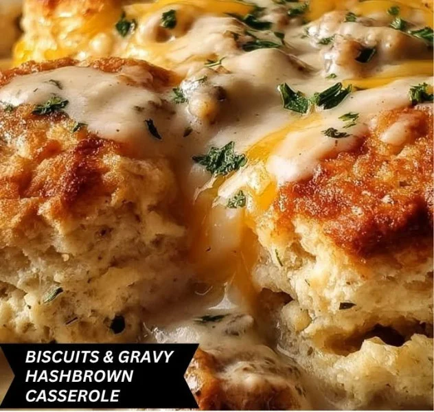 Delicious Biscuits and Gravy Hashbrown Casserole served in a baking dish.