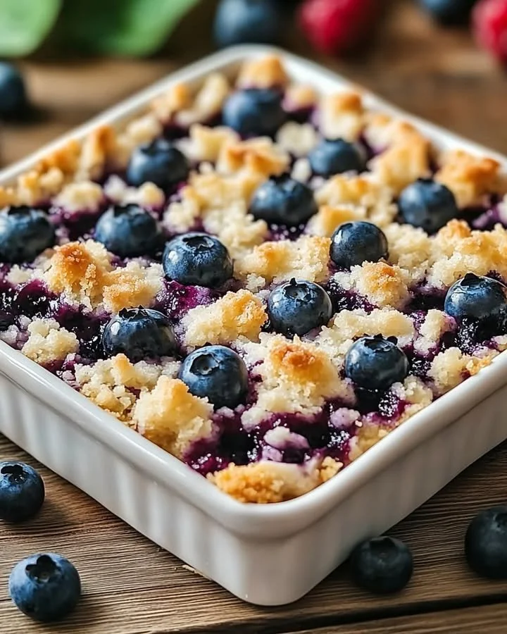 Blueberry Cottage Cheese Breakfast Bake topped with fresh blueberries.