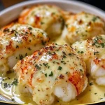 Broiled lobster tail topped with creamy garlic butter sauce on a plate