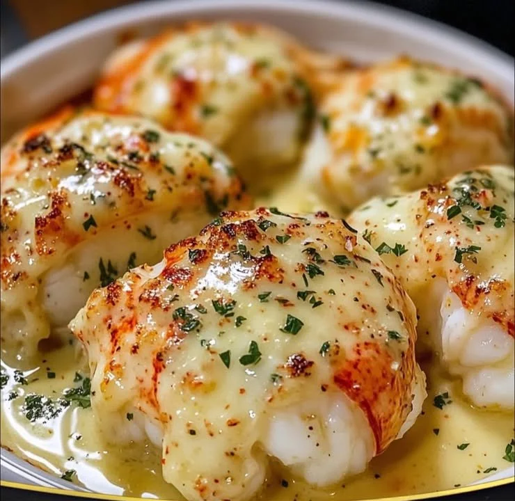 Broiled lobster tail topped with creamy garlic butter sauce on a plate
