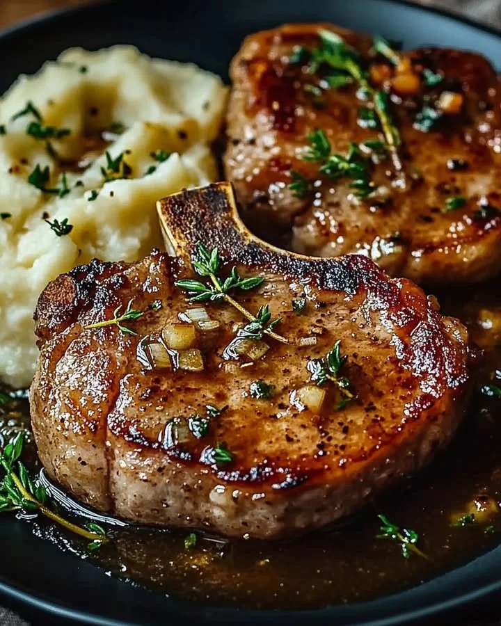 Buttery garlic pork chops served with smooth mashed potatoes