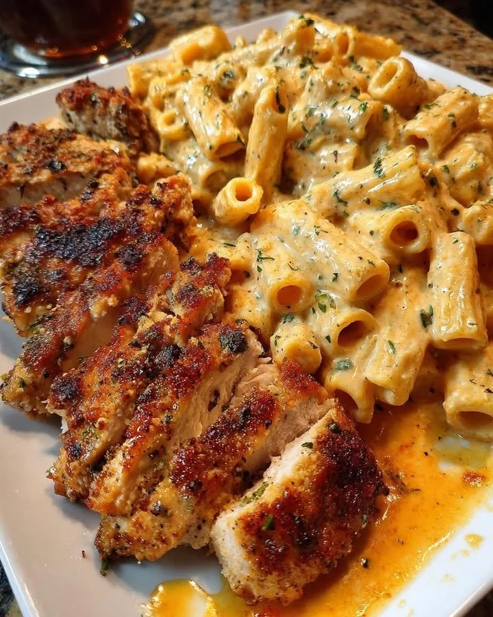 Cajun Chicken Rigatoni served in creamy mozzarella garlic Alfredo sauce